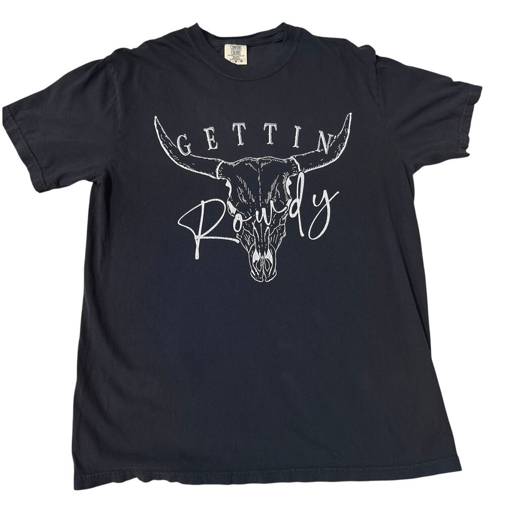 Gettin Rowdy Bull Skull T-Shirt Large Western Graphic Tee Comfort Colors